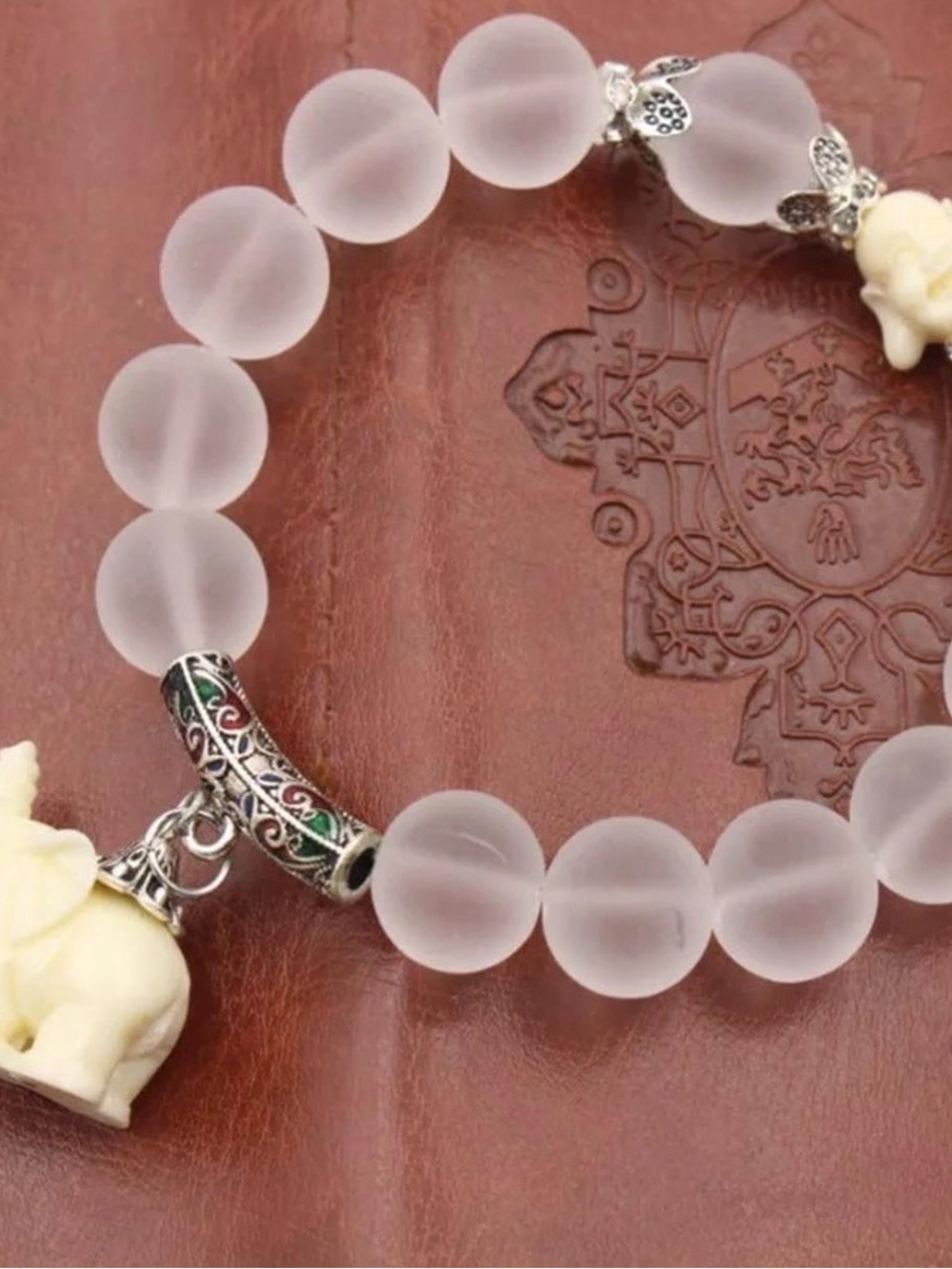 Unbranded Frosted White Bead Bracelet with Ivory Elephant Charm